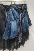 Asymmetric Denim Skirt with Lace Detail