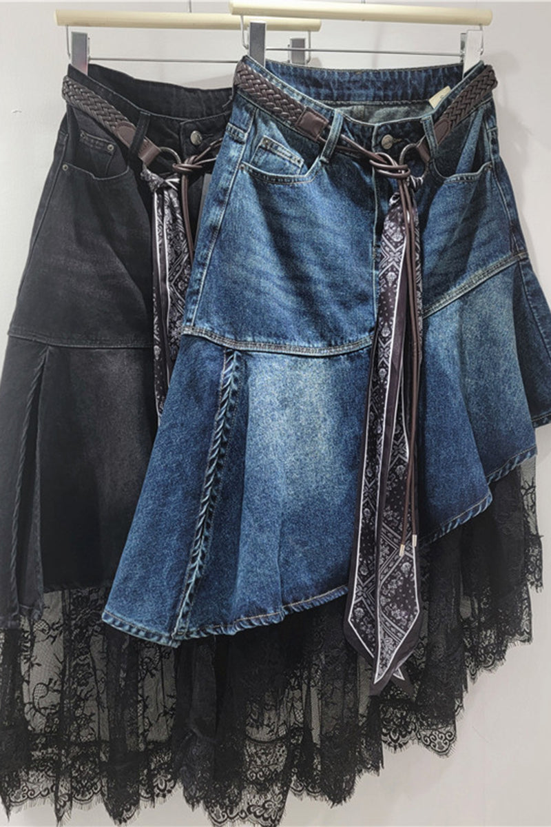 Asymmetric Denim Lace Skirt