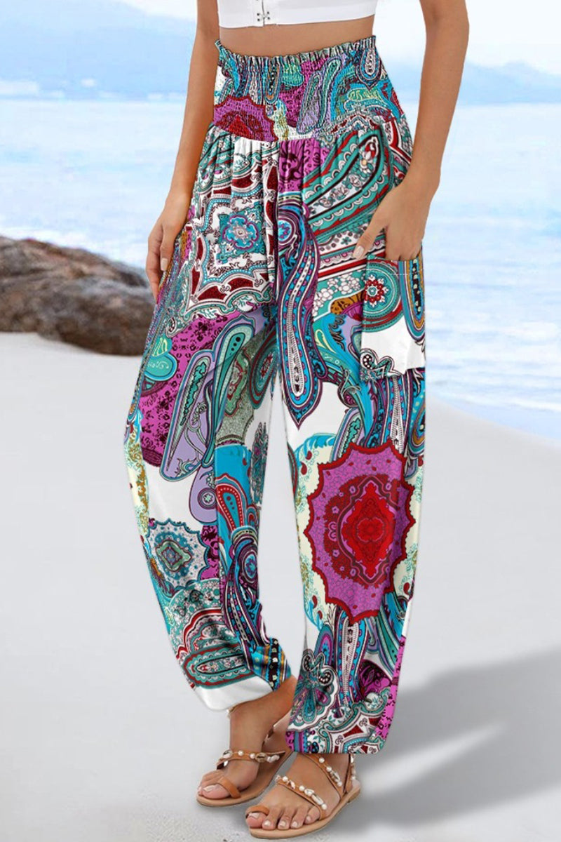 Boho Print Elastic Waist Casual Pants