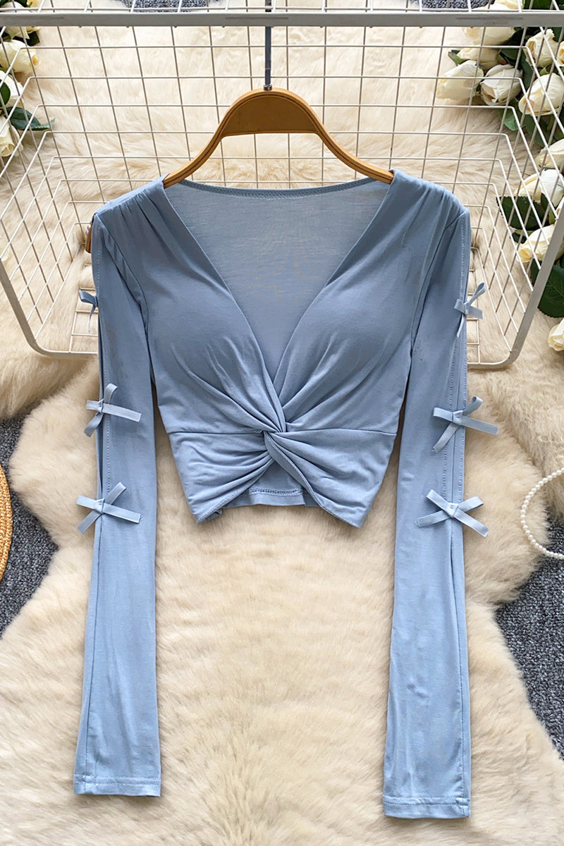 Bow Sleeve Twist Front Long Sleeve Top