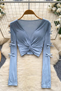 Bow Sleeve Twist Front Long Sleeve Top