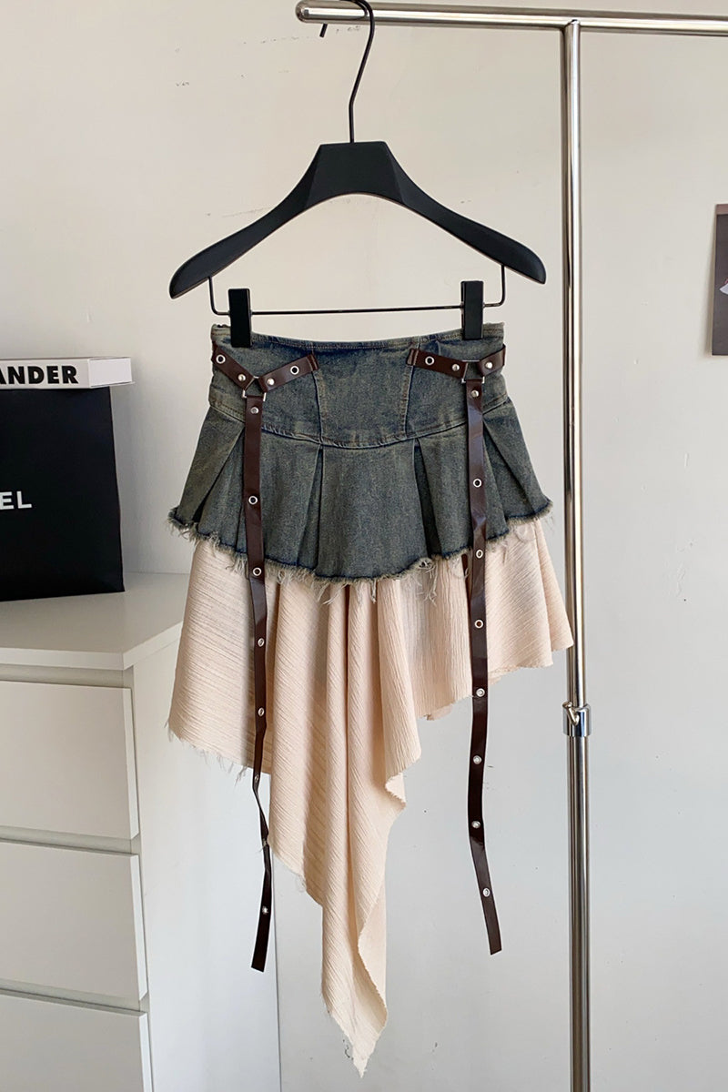 Asymmetric Fringe Mini Skirt with Straps