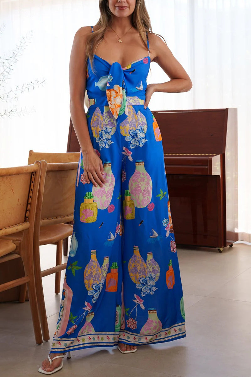 Bow Tie Printed Sleeveless Jumpsuit