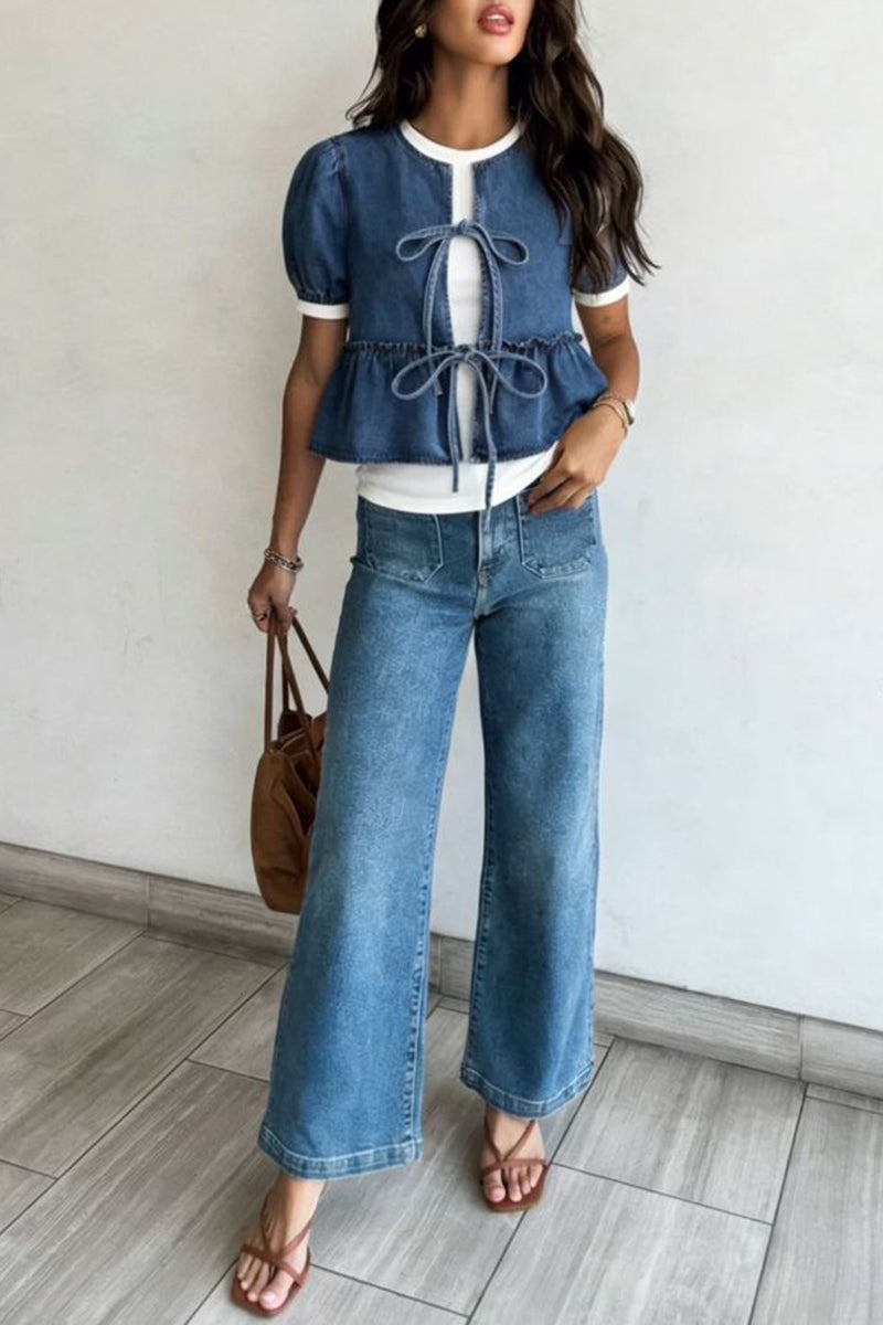 Bow Tie Peplum Denim Jacket