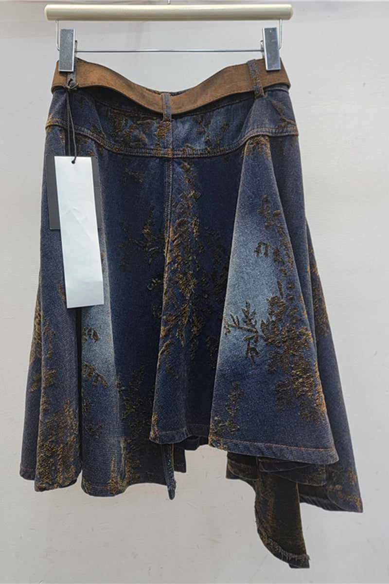 Asymmetric Patterned Vintage Denim Skirt