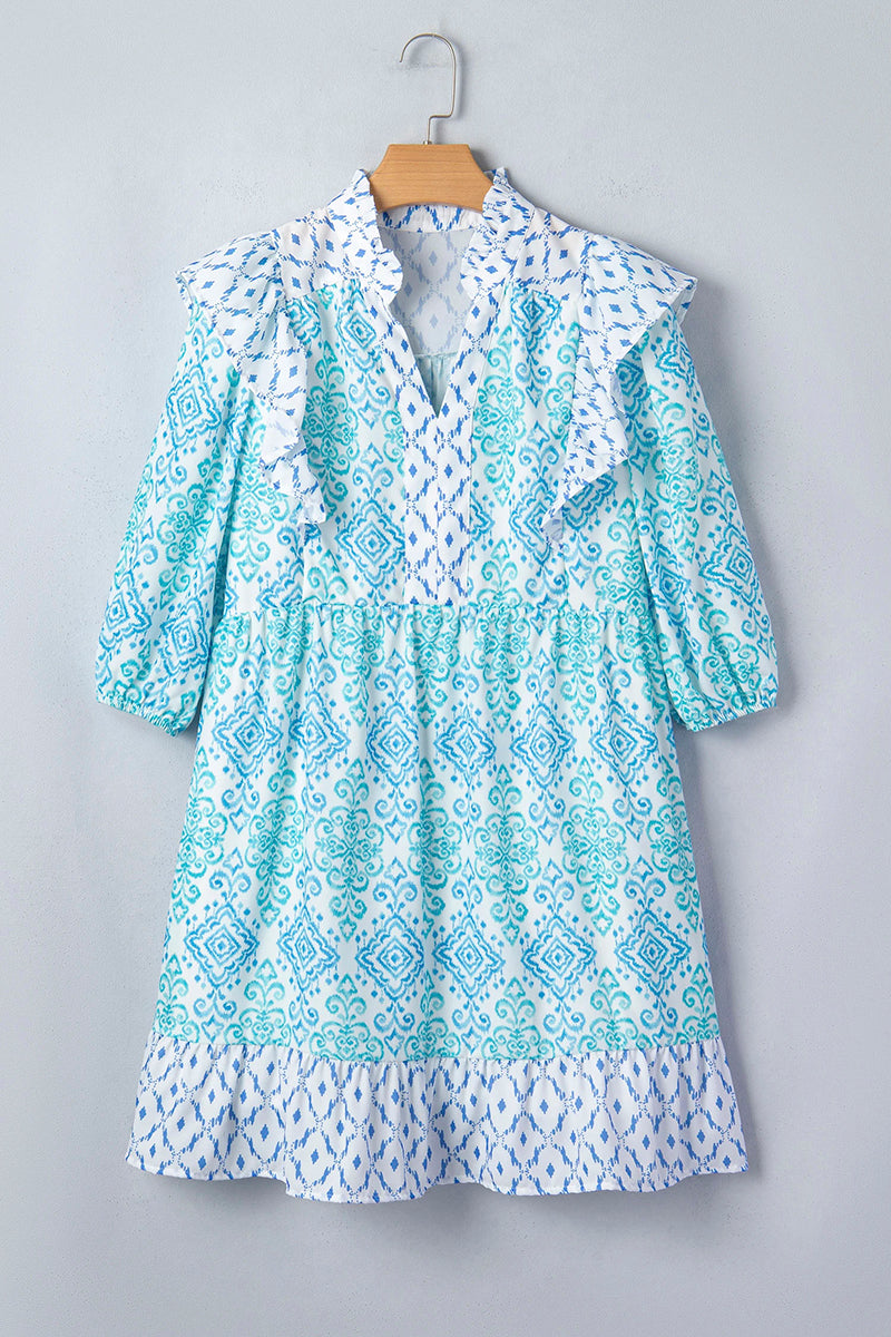 Boho Floral Geometric Patchwork Puff Sleeve Mini Dress