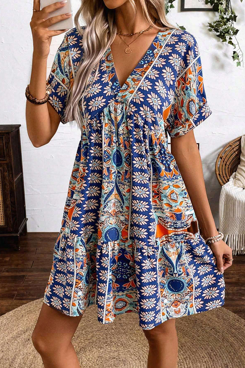 Boho Floral Print V-Neck Casual Dress