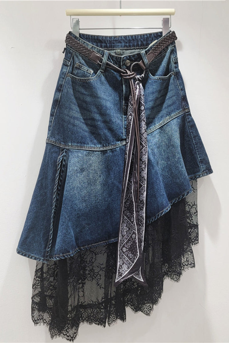 Asymmetric Denim Skirt with Lace Detail