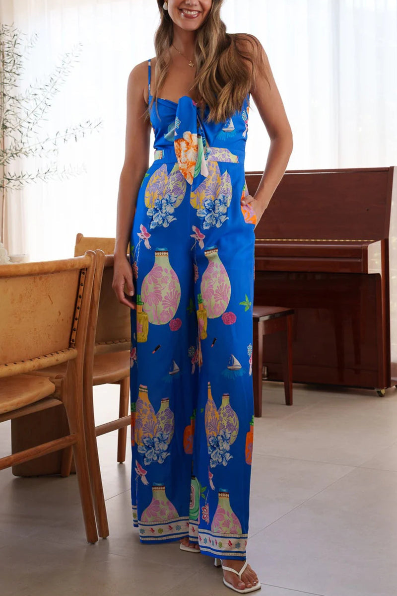 Bow Tie Printed Sleeveless Jumpsuit