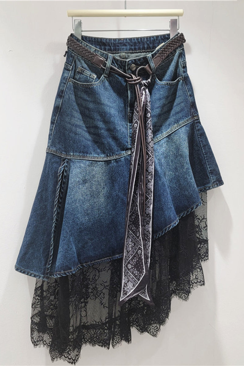 Asymmetric Denim Lace Skirt