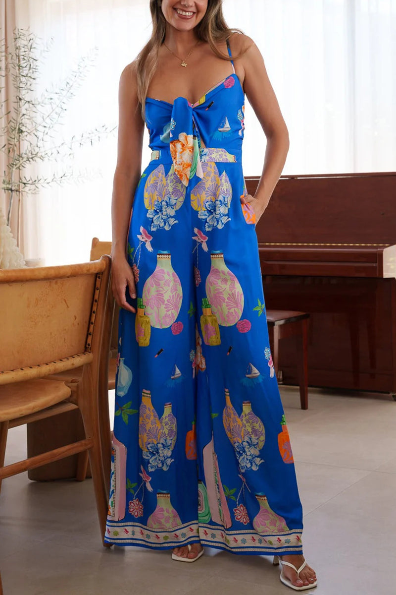 Bow Tie Printed Sleeveless Jumpsuit