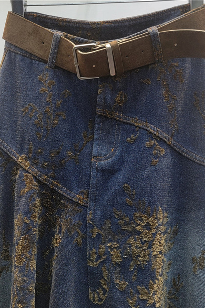Asymmetric Patterned Vintage Denim Skirt
