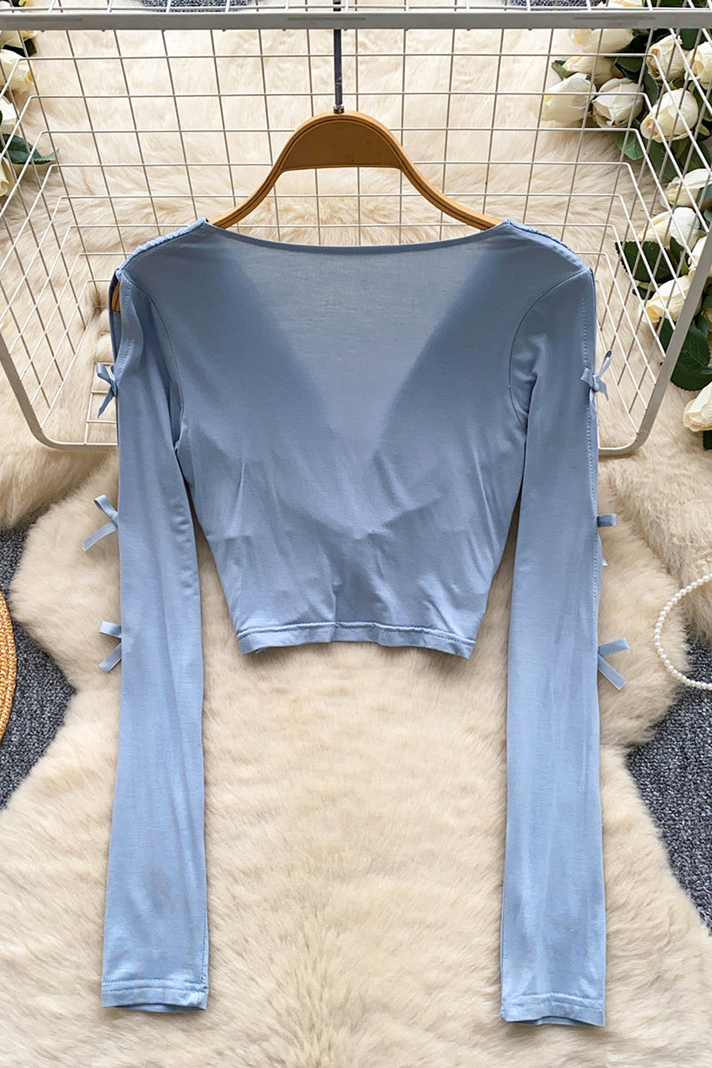 Bow Sleeve Twist Front Long Sleeve Top