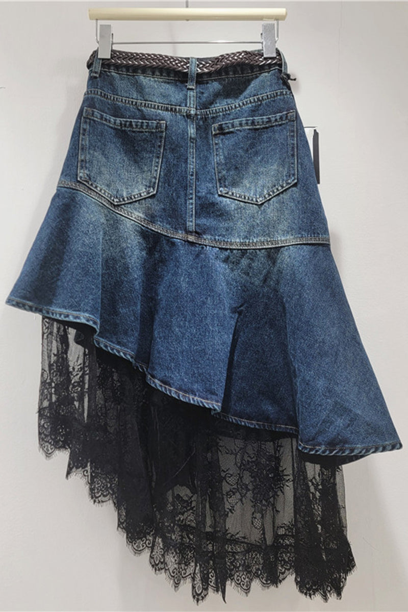 Asymmetric Denim Lace Skirt