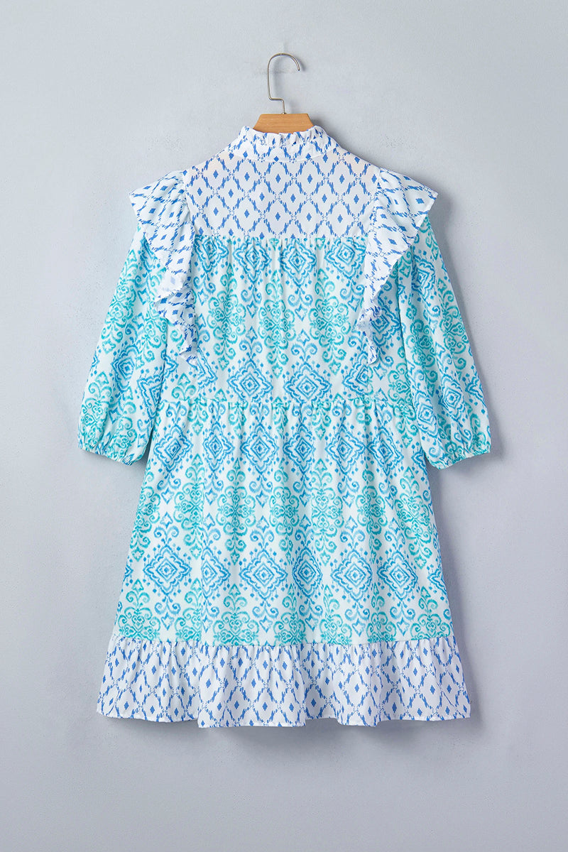Boho Floral Geometric Patchwork Puff Sleeve Mini Dress