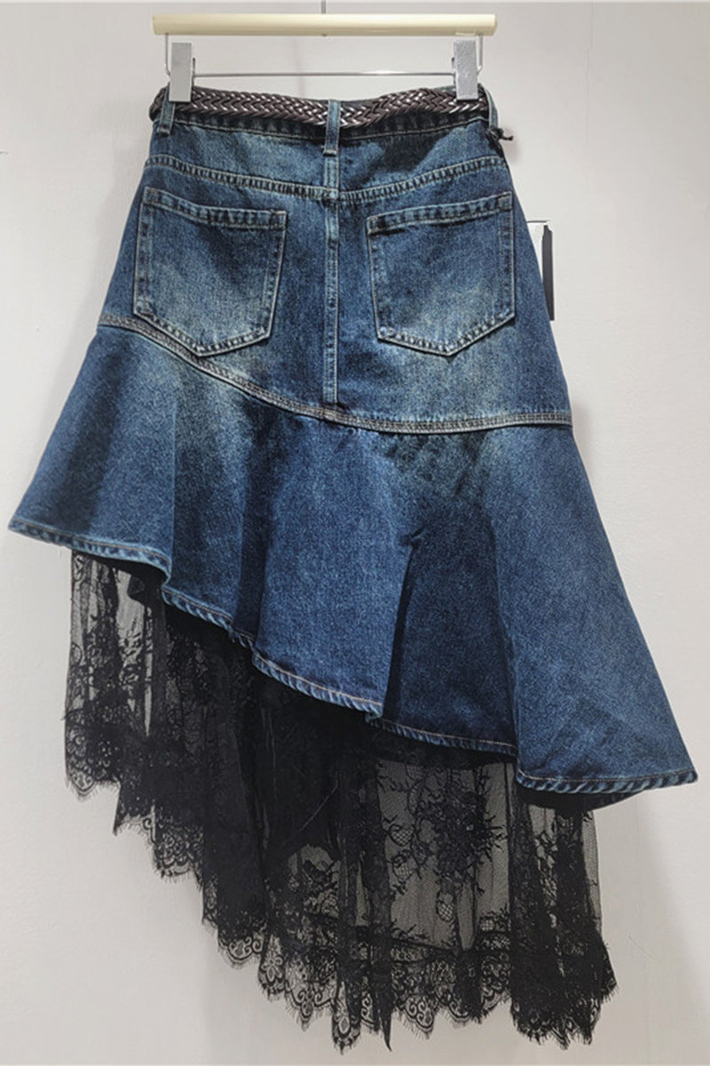 Asymmetric Denim Skirt with Lace Detail