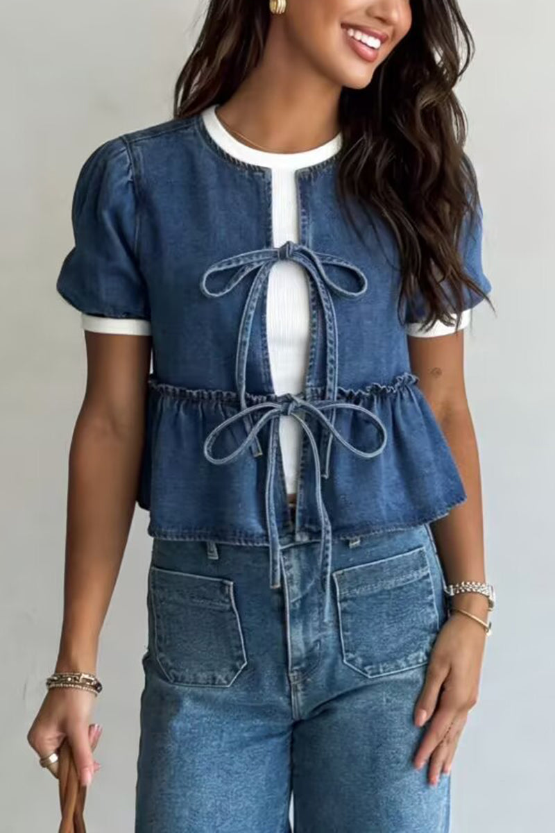 Bow Tie Peplum Denim Jacket
