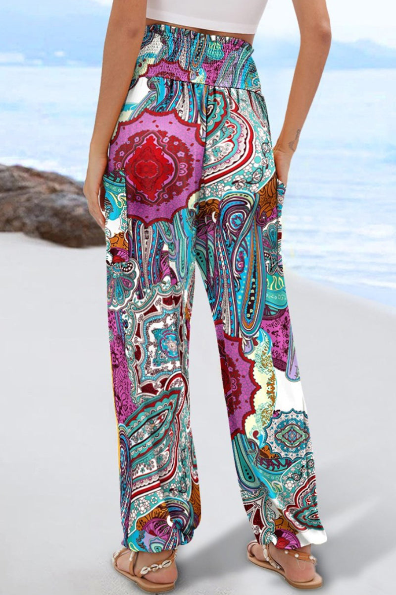 Boho Print Elastic Waist Casual Pants