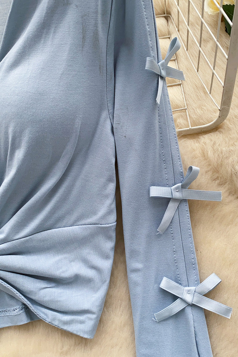 Bow Sleeve Twist Front Long Sleeve Top