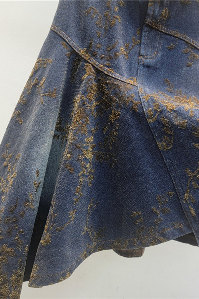 Asymmetric Patterned Vintage Denim Skirt
