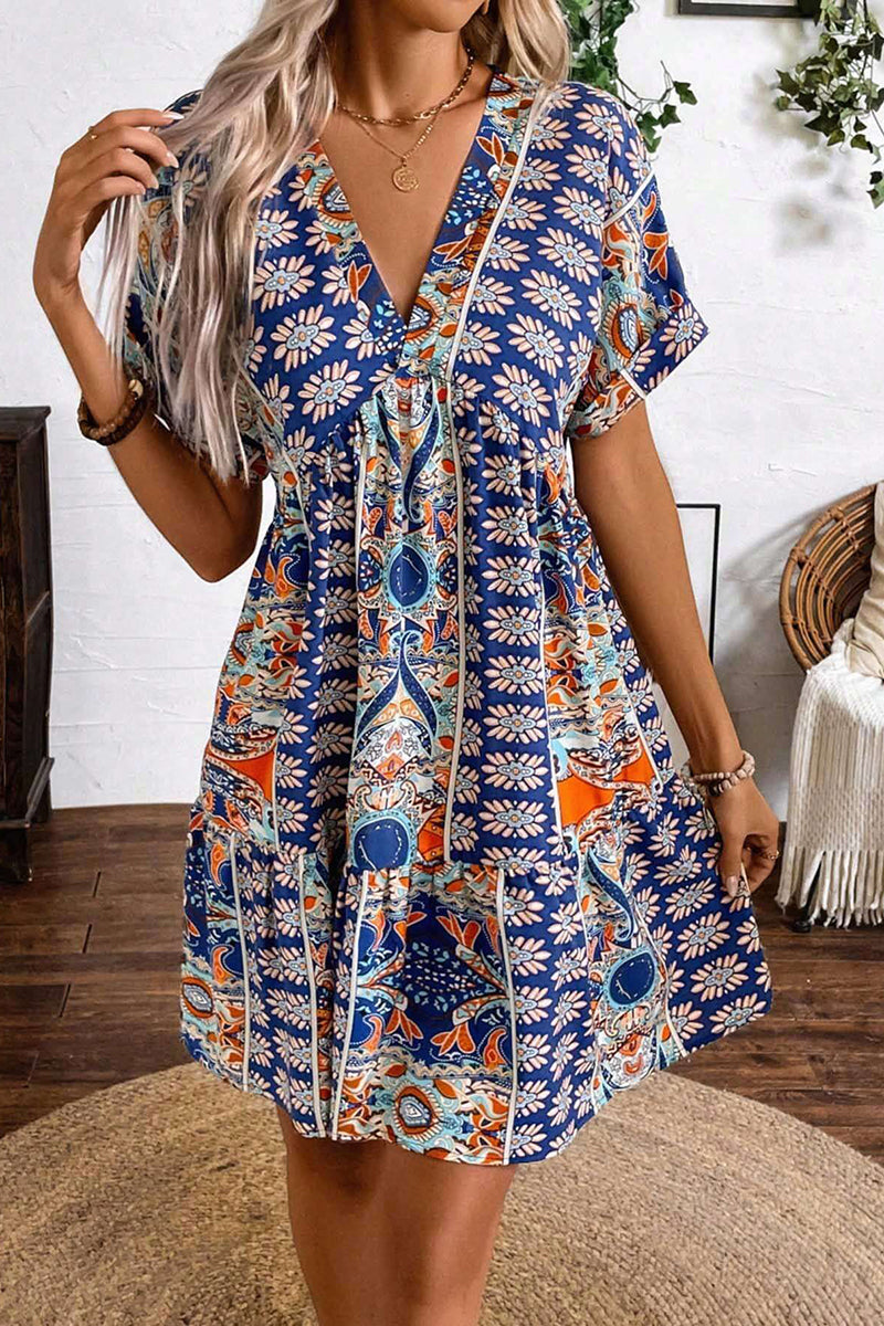 Boho Floral Print V-Neck Casual Dress