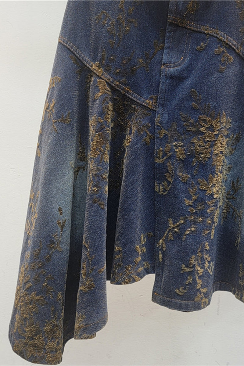 Asymmetric Patterned Vintage Denim Skirt
