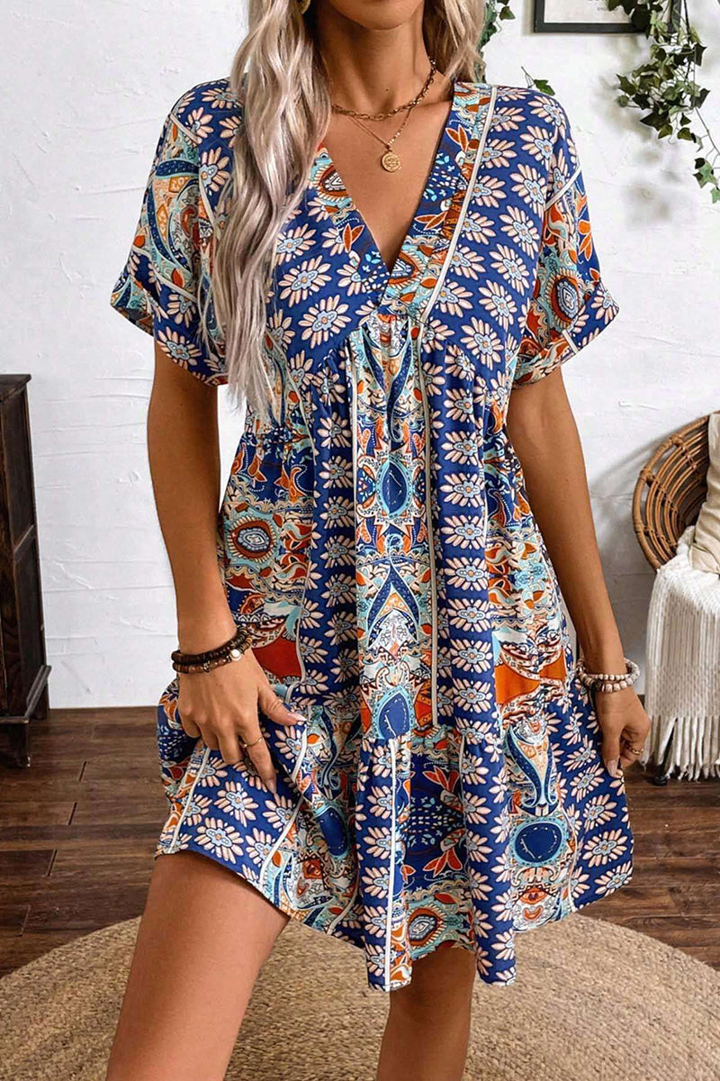 Boho Floral Print V-Neck Casual Dress