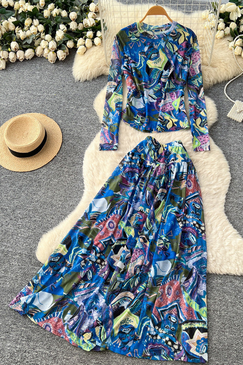 Abstract Print Long Sleeve Skirt Set