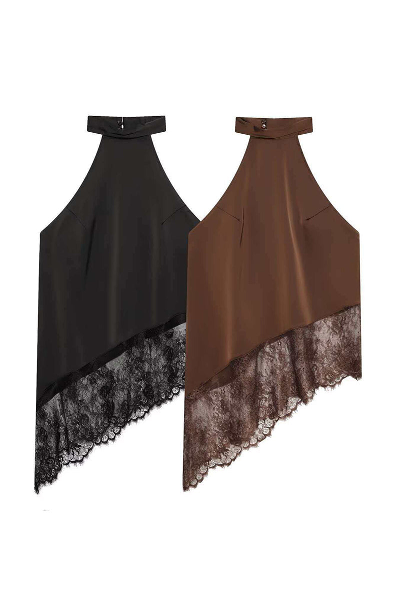 Asymmetric Lace Halter Neck Top