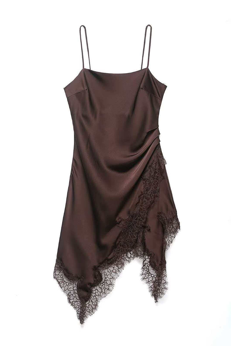 Asymmetric Lace Trim Spaghetti Strap Dress