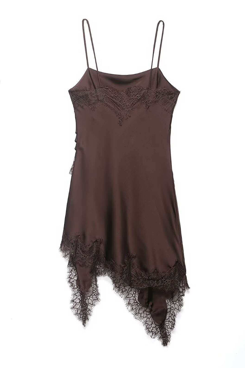 Asymmetric Lace Trim Spaghetti Strap Dress
