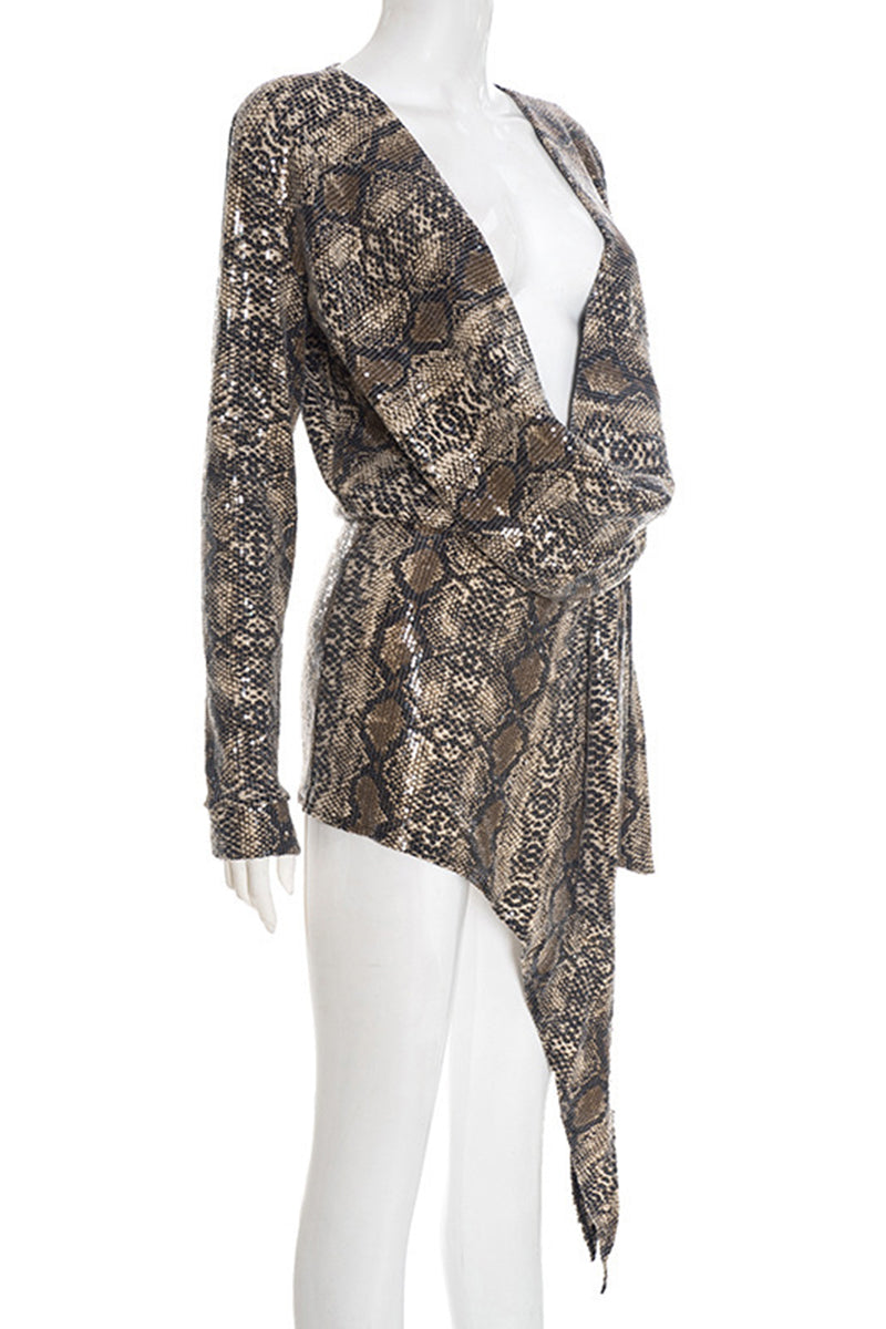 Asymmetrical Snake Print Wrap Dress