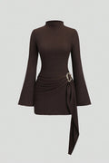 Belted High Neck Bell Sleeve Dress