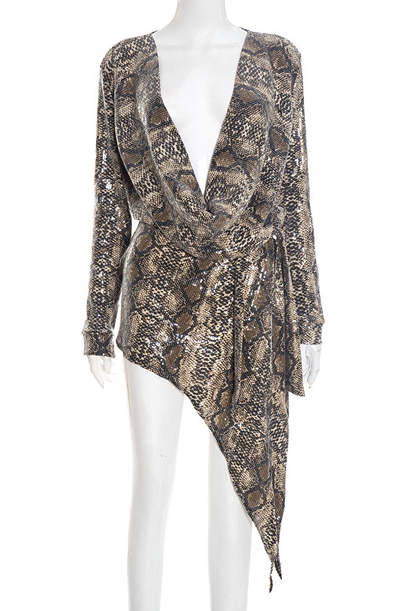 Asymmetrical Snake Print Wrap Dress