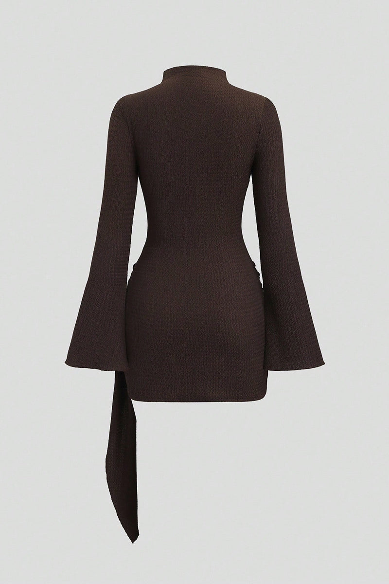Belted High Neck Bell Sleeve Dress