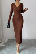 Buckle Waist Textured Long Sleeve Dress