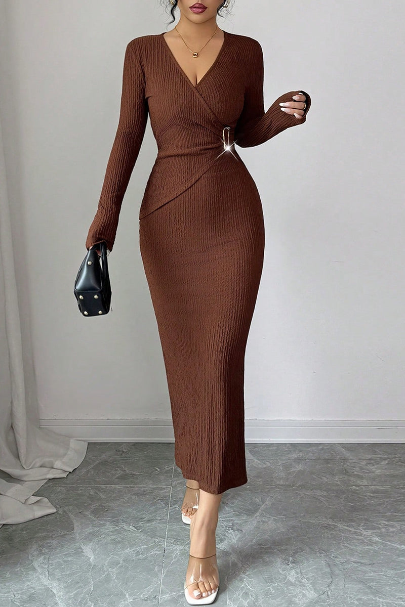 Buckle Waist Textured Long Sleeve Dress