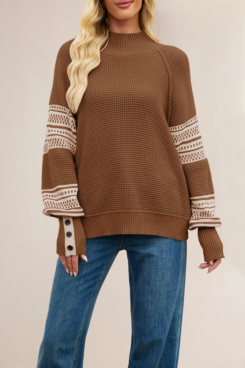 Button Sleeve Patterned Knit Sweater