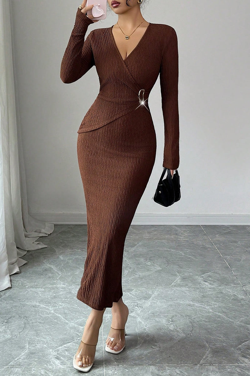 Buckle Waist Textured Long Sleeve Dress