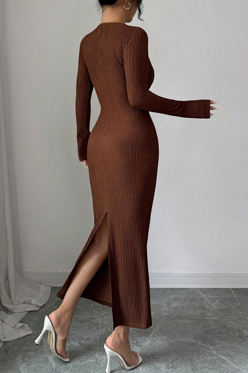 Buckle Waist Textured Long Sleeve Dress