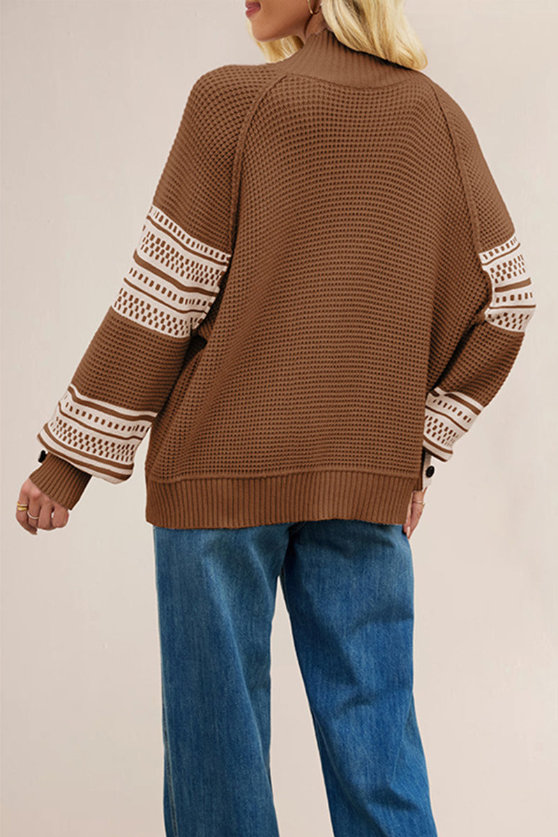Button Sleeve Patterned Knit Sweater