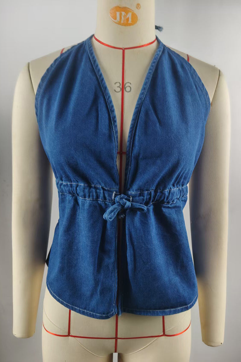 Backless Halter Denim Tank Top
