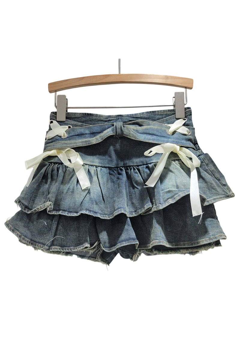 Bow-Adorned Frill Denim Skirt