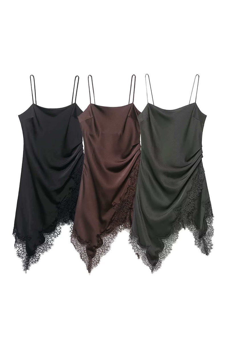 Asymmetric Lace Trim Spaghetti Strap Dress