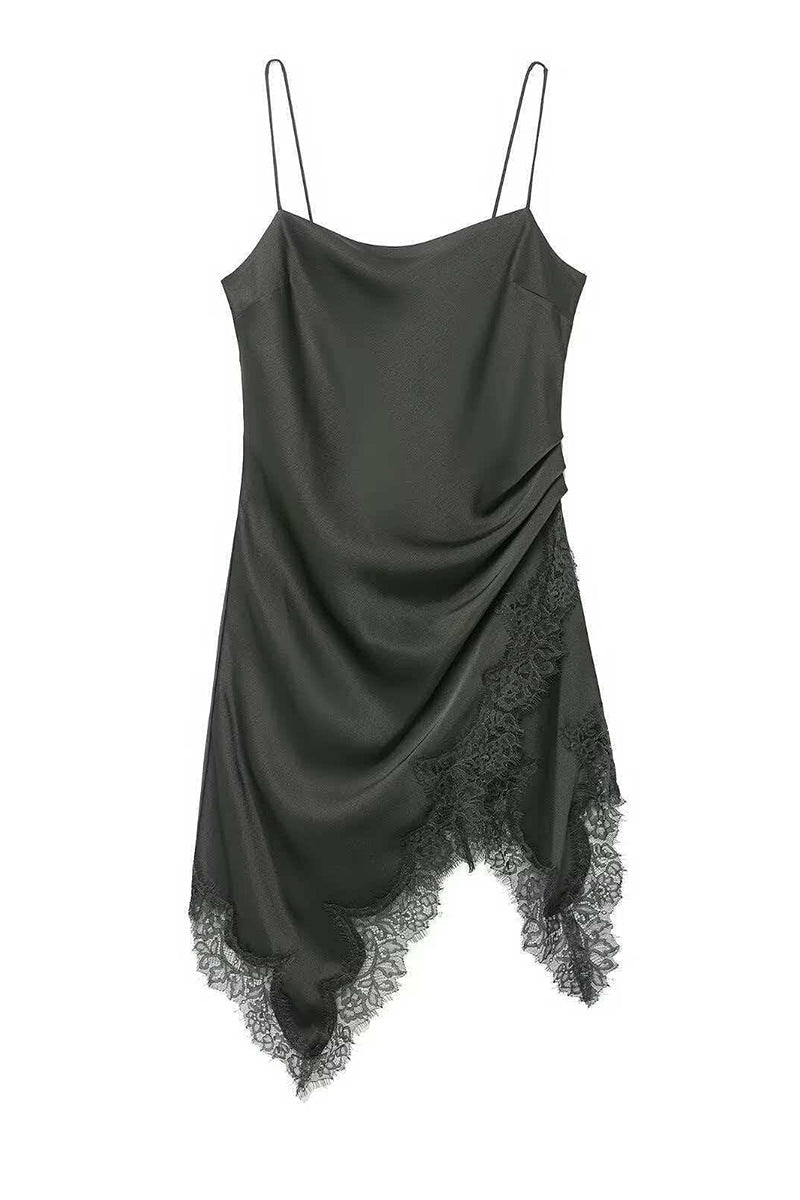 Asymmetric Lace Trim Spaghetti Strap Dress