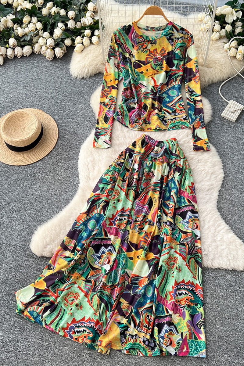 Abstract Print Long Sleeve Skirt Set
