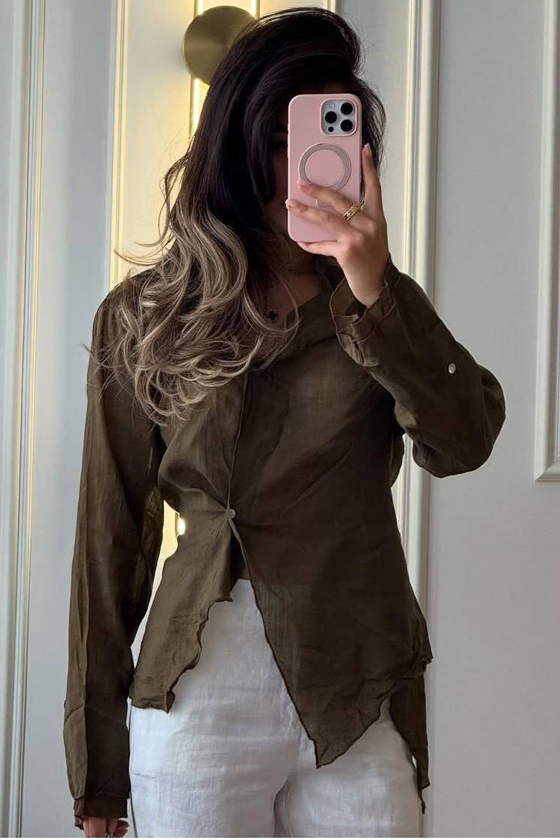 Asymmetric Hem V-Neck Blouse