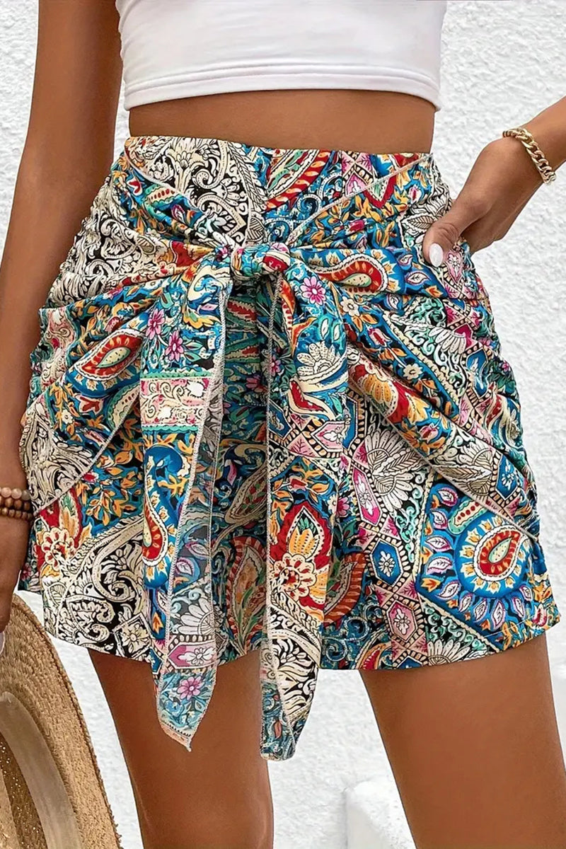 Boho Print Tie Waist Casual Shorts