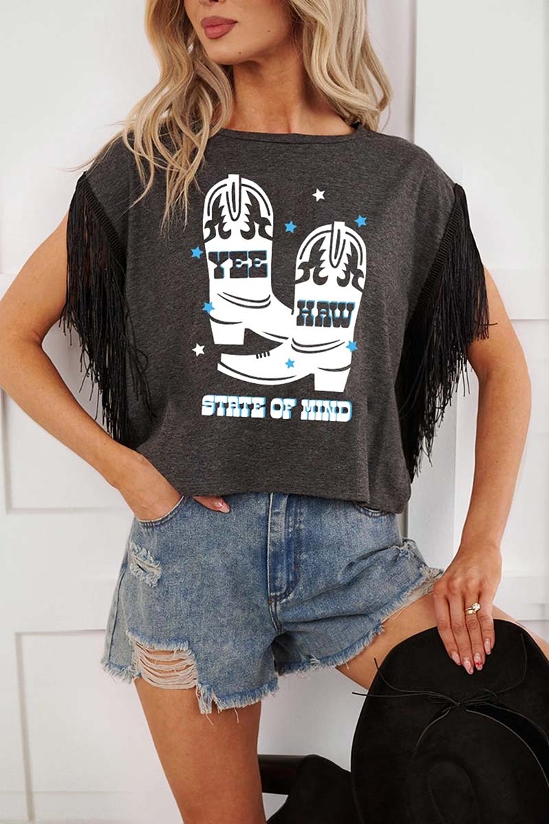 Boot Print Fringe Sleeve T-shirt