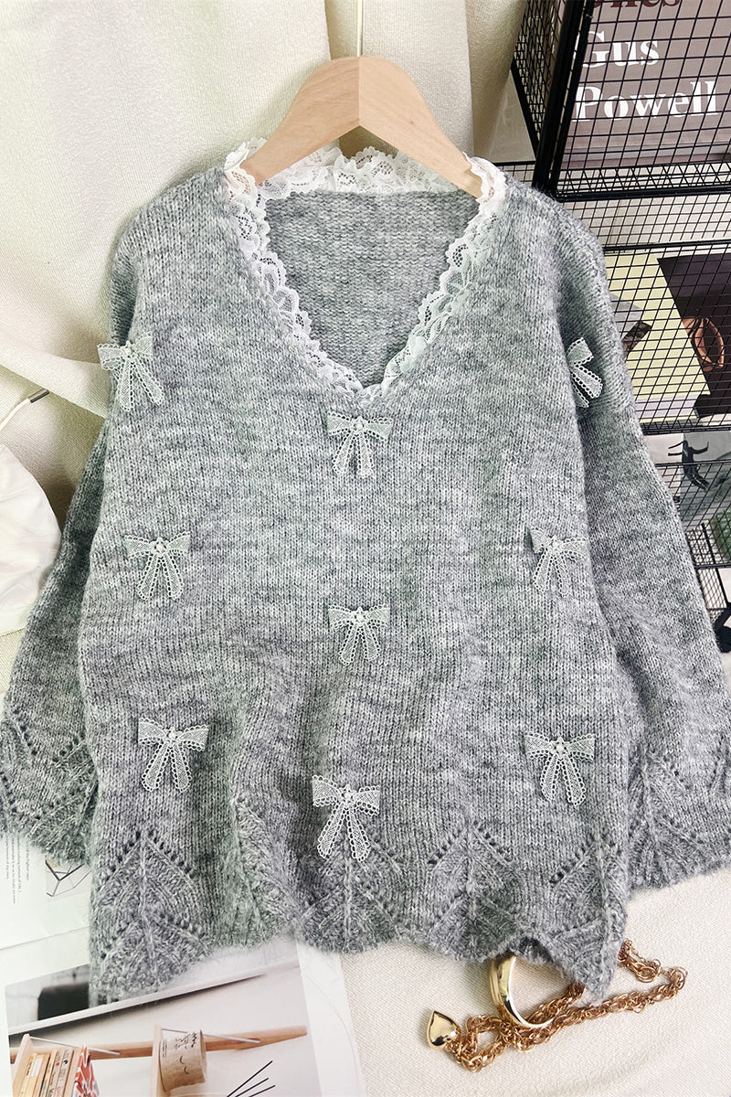 Bow Accent Lace Trim Sweater
